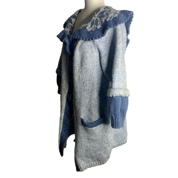 Vintage 80s Cardigan Sweater Jacket M Blue Chunky Knit Buttons Pockets Collared - Picture 3 of 5